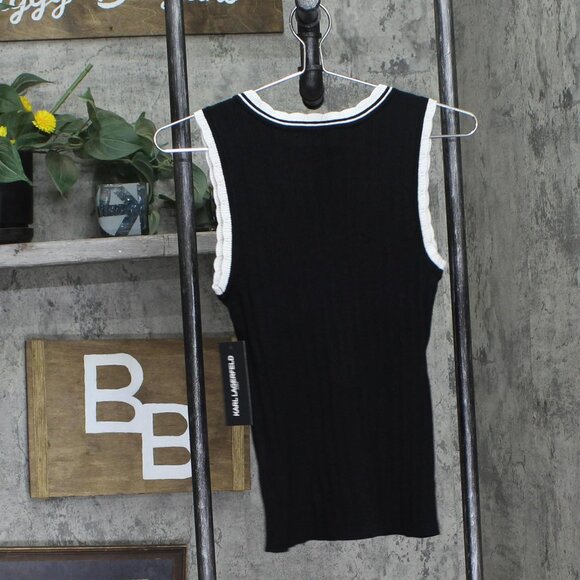 NWT Karl Lagerfeld Lace-Trim Sweater Tank Top L3TSS727 Black / Soft White XS - Picture 4 of 7